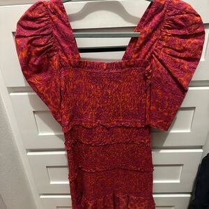 Olivaceous - Boho Red and Orange Puff Sleeve Dress